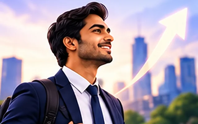 A young professional looking out over a city skyline