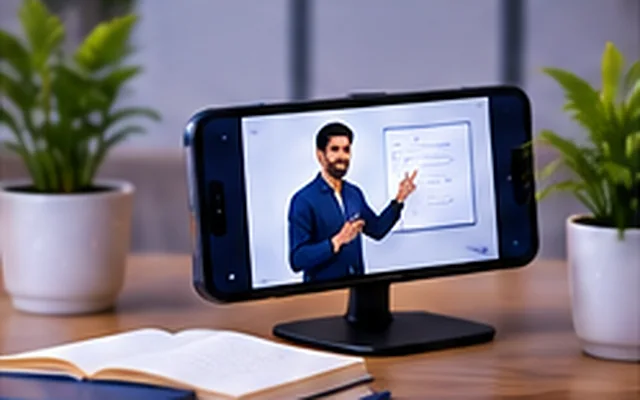 An andorp instructor teaching a lesson at a whiteboard, shown on a phone screen