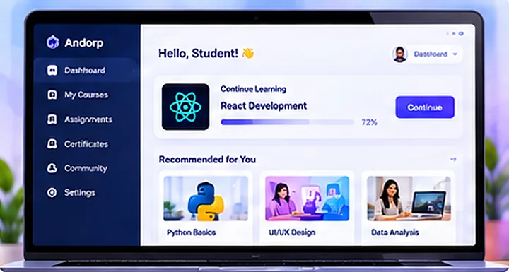 The andorp dashboard showing course progress on a laptop