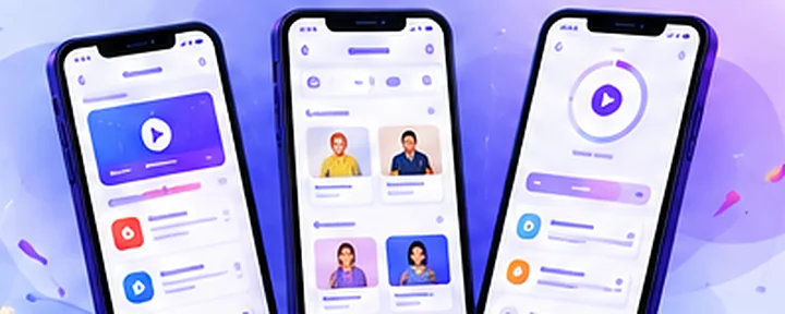 Three phone screens from the upcoming andorp app: a lesson player, a live class and progress tracking